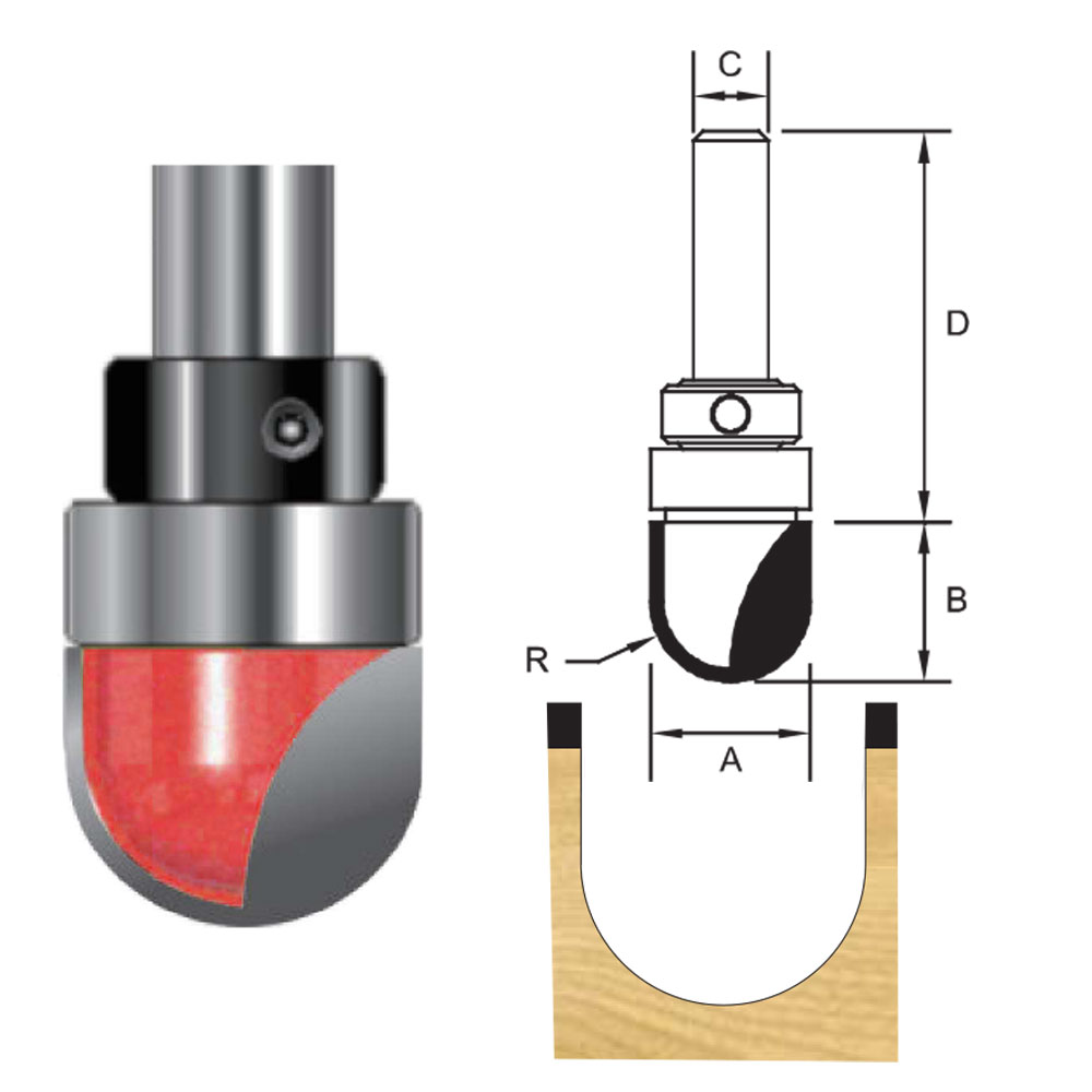 TCT Bearing Guided Core Box / Round Nose Cutter Router Bit, Double Cutter, Right Rotation