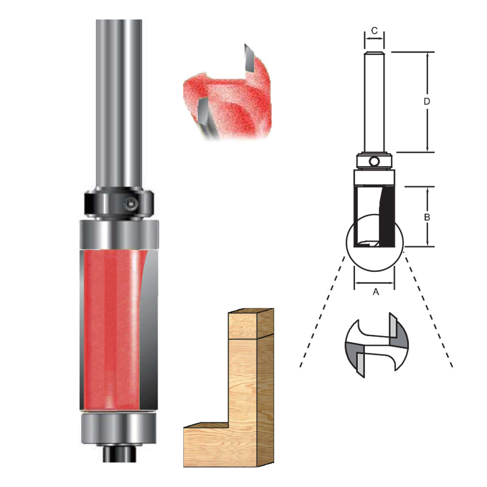 TCT Double-Bearing Flush Trimming Router Bit, Double Cutter, Right Rotation