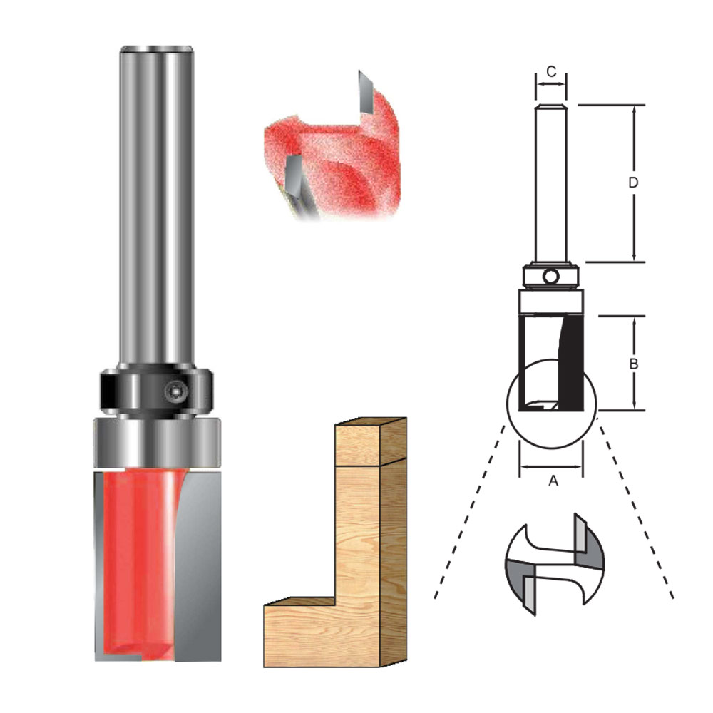 TCT Trimming Cutter Router Bit with Top Ball Bearing, Double Cutter, Right Rotation