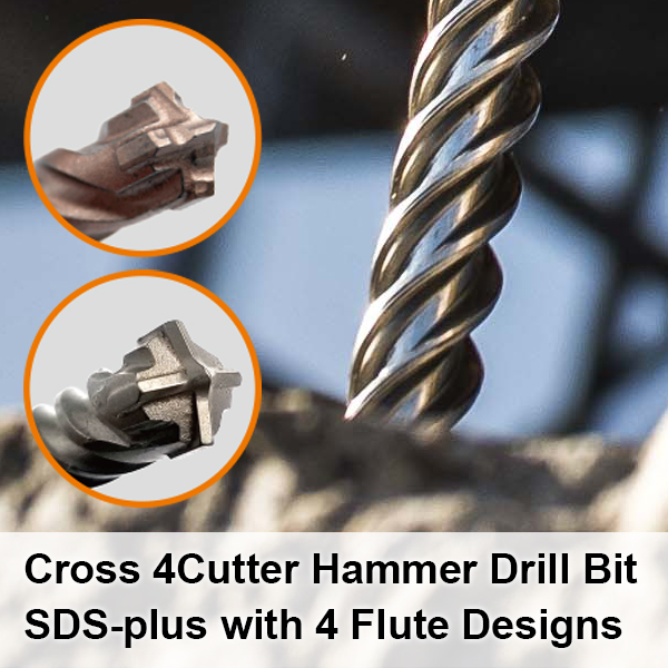 Cross 4Cutter Hammer Drill Bit SDS-plus with 4 Flute Designs