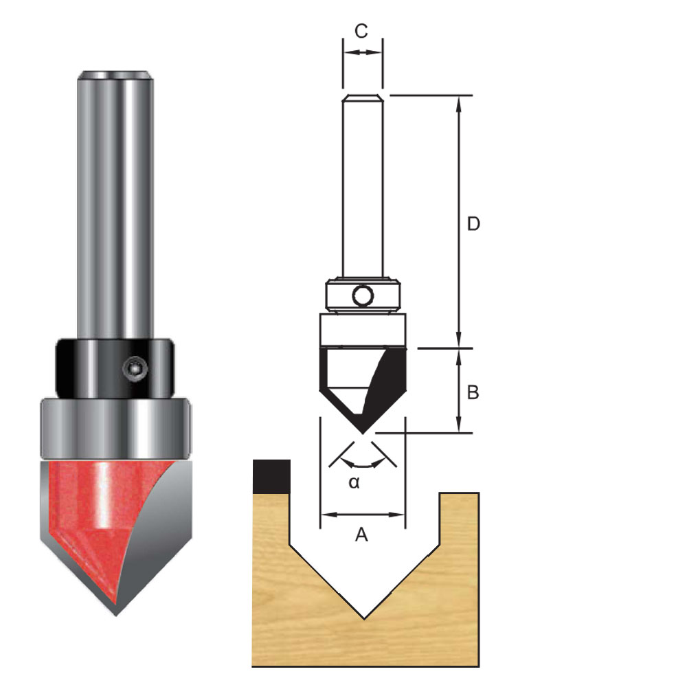 TCT Bearing Guided V-Groove Router Bit, Double Cutter, Right Rotation