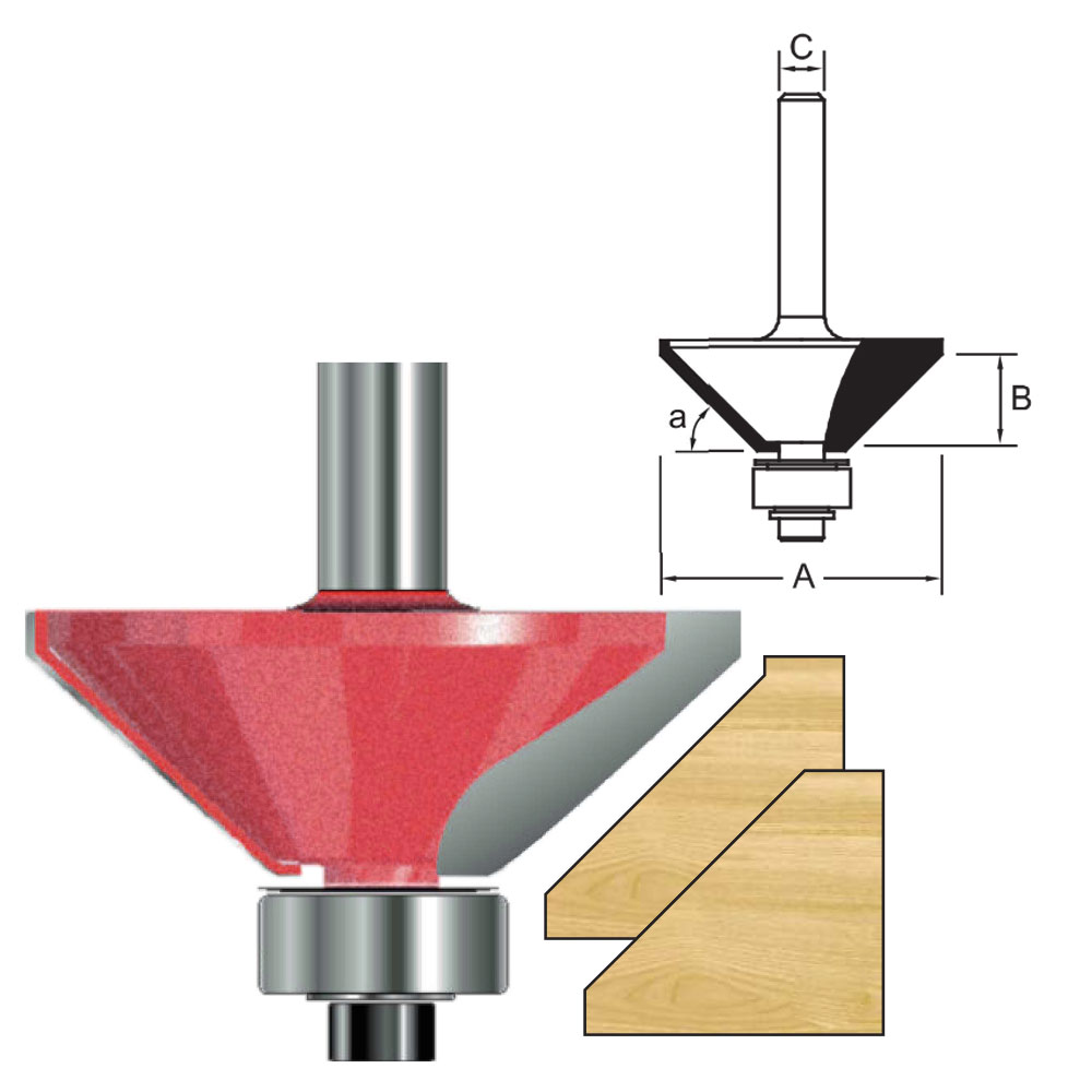 TCT Chamfer Cutter 45degrees Router Bit with Ball Bearing, Double Cutter, Right Rotation