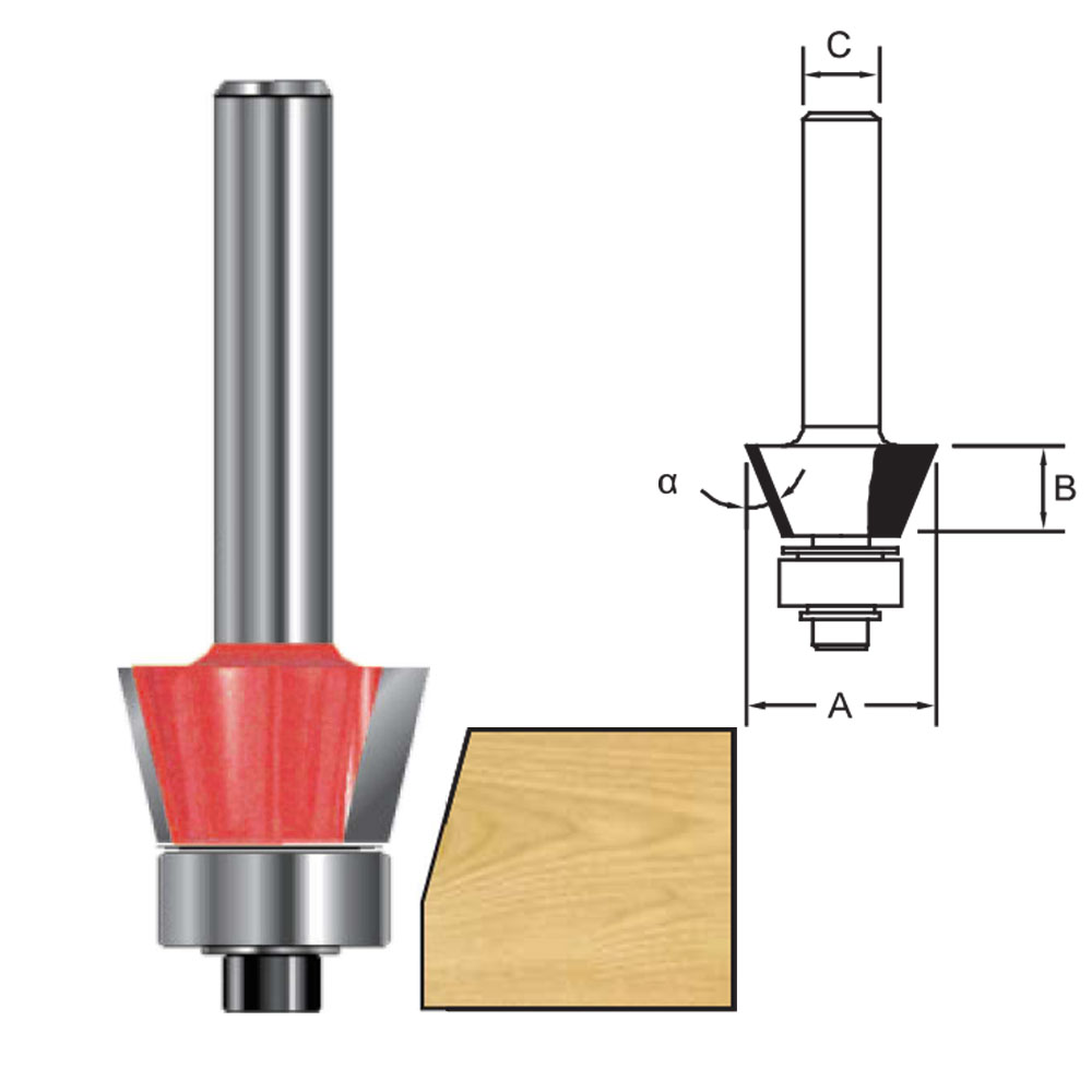 TCT Bevel Trim Cutter Router Bit with Ball Bearing, Double Cutter, Right Rotation