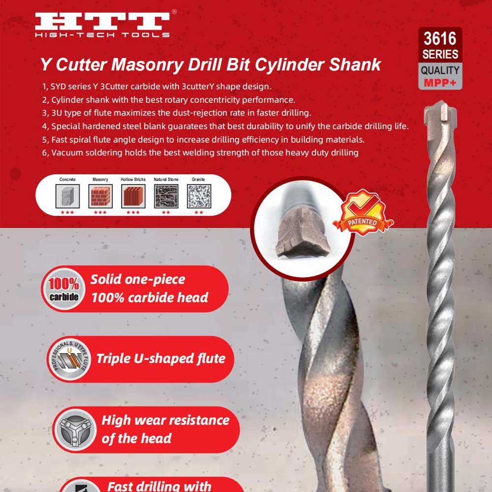 Y Cutter Masonry Drill Bit W/Cylindrical Shank