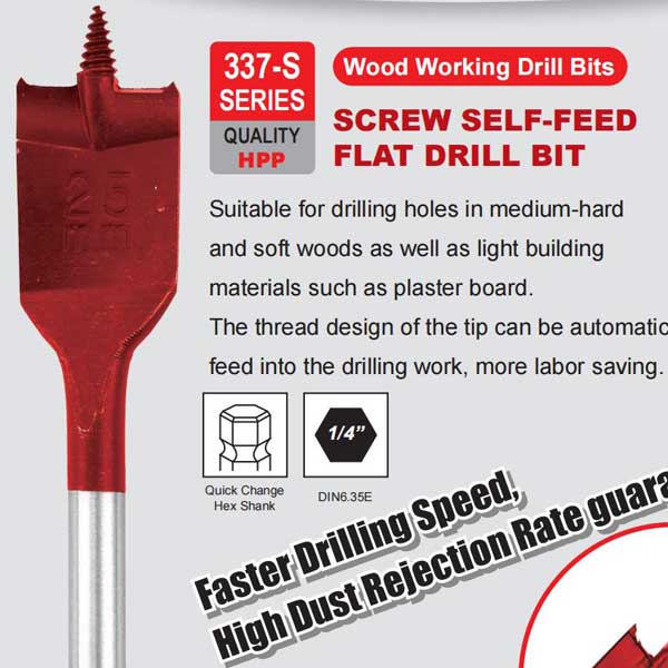 Screw Tip Self-feed Flat Wood Bit w/DIN6.35E Quick Change Hex Shank